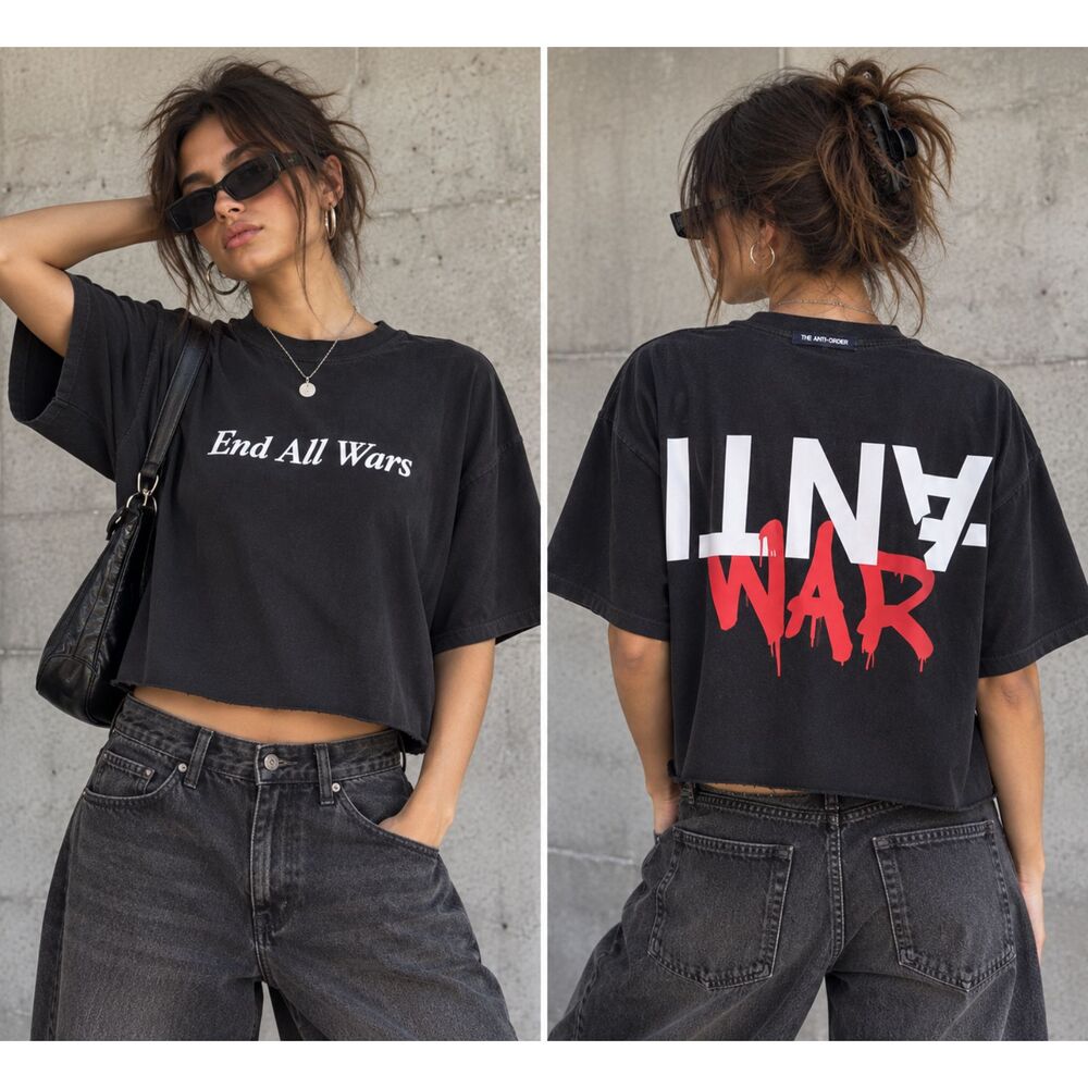 The Anti Order Anti War Baggy Graphic T-Shirt Black Raw Hem XS